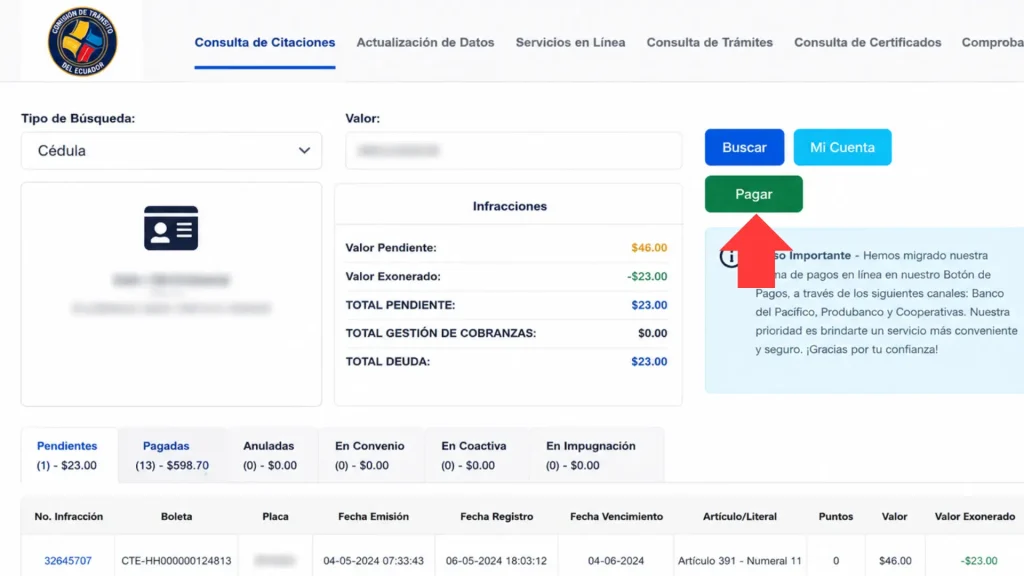 Paso 5: Haga clic en "Pagar en Línea" para el pago de multas ANT en línea