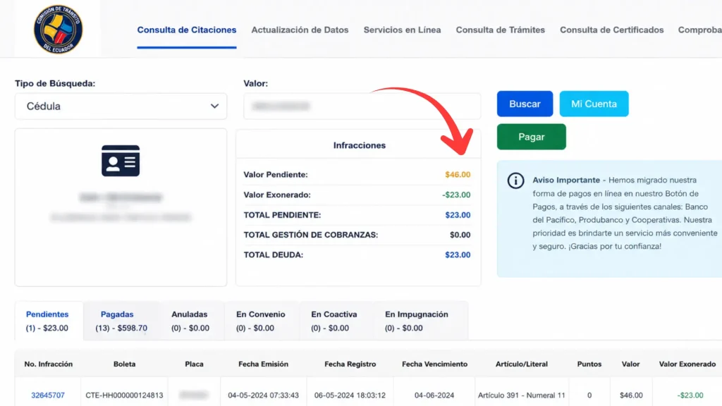 Paso 4: Revise el valor de su multa de tránsito ANT