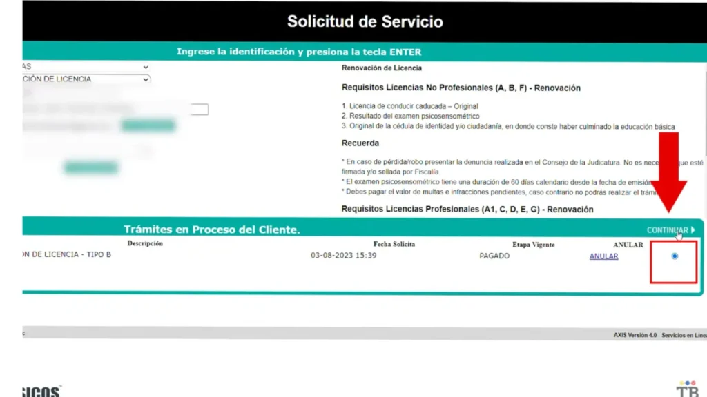 Selecciona el trámite pendiente